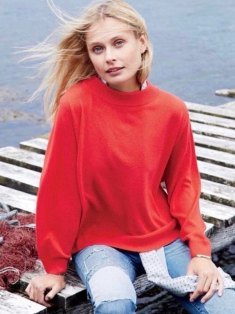 J. Crew Red Wool Blend Dolman Sleeve Boxy Relaxed Knit Crewneck Sweater LARGE